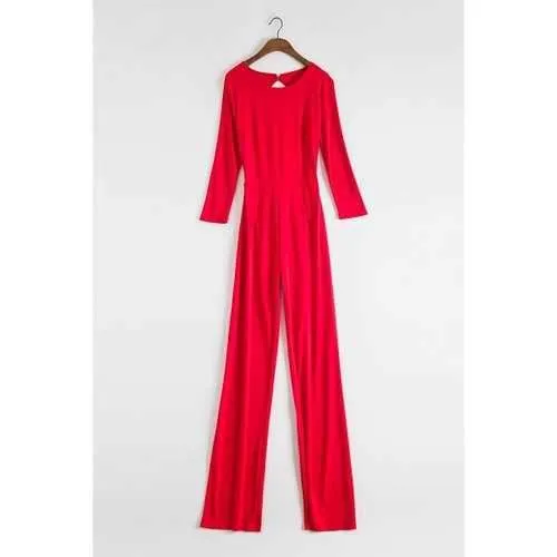 Stylish Round Neck 3/4 Sleeve Backless Wide Leg Women's Red Jumpsuit - Red S