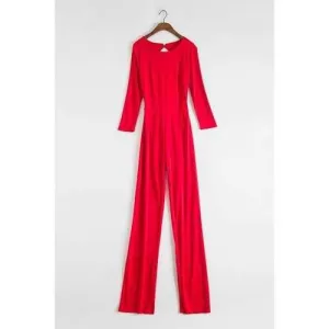 Stylish Round Neck 3/4 Sleeve Backless Wide Leg Women's Red Jumpsuit - Red S