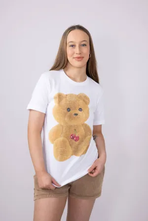 Teddy Bear Cherry Graphic T-Shirt for Women in White | 32784X-TS-WHITE