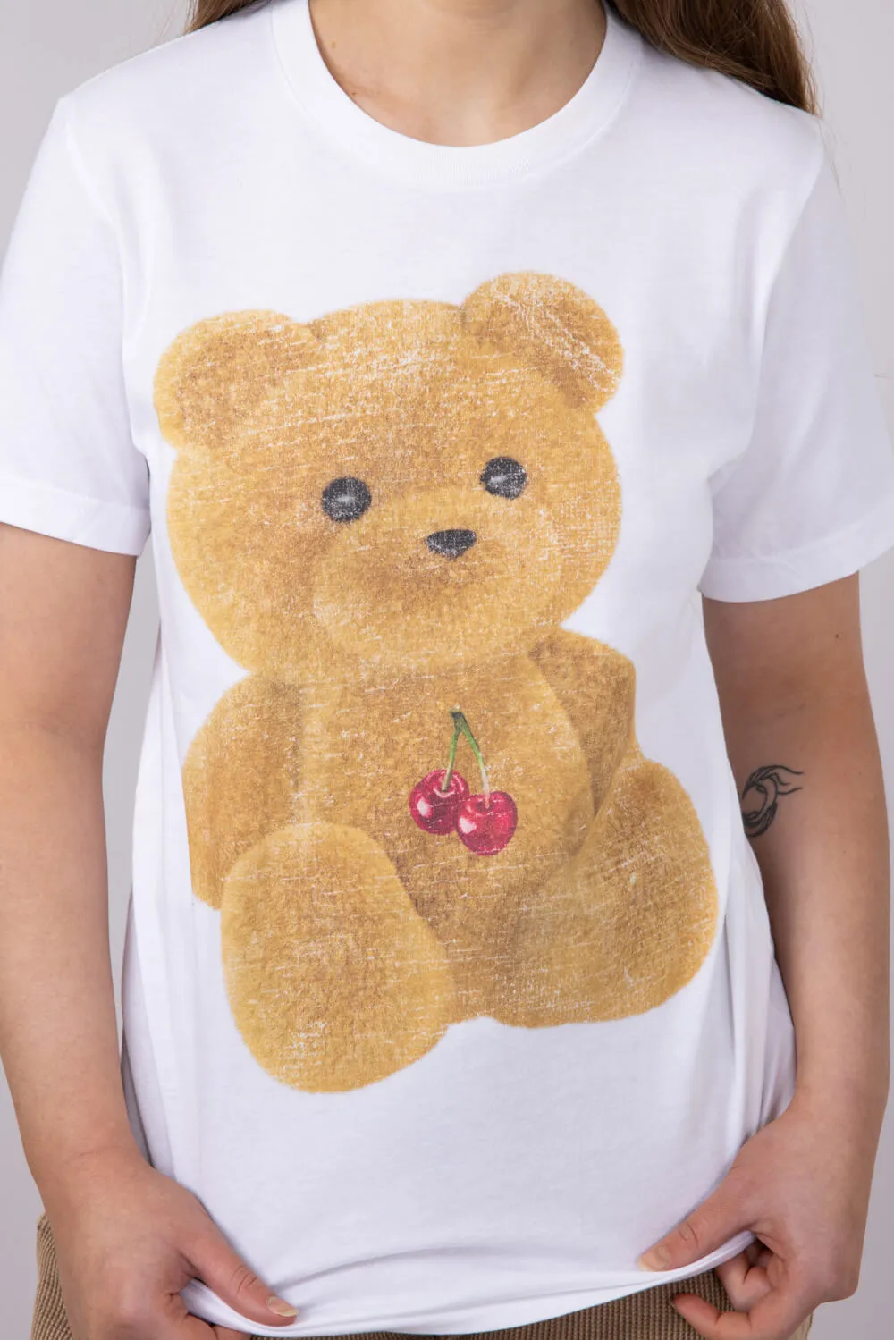 Teddy Bear Cherry Graphic T-Shirt for Women in White | 32784X-TS-WHITE