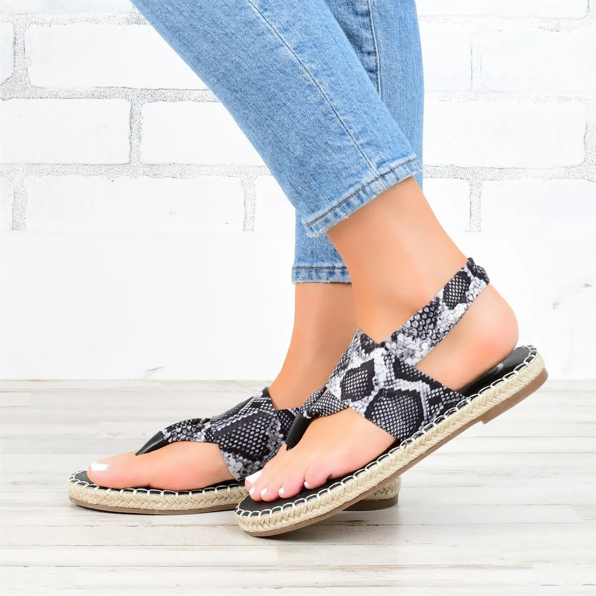 Twine Woven Snake Print Flip-Flops Sandals
