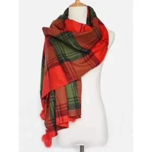 Warm Tartan Pattern Pompon Pendant Blanket Shawl Scarf - Red